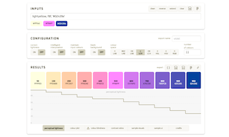 A video of the colour palette tool. Shows a set of 11 colour swatches interpolated from 3 colours. Below it cycles through different views: a step chart of perceptual lightness, a colour plot of the colour space, colour blindness simulations, contrast ratios, sample visualization elements, and sample UI elements.